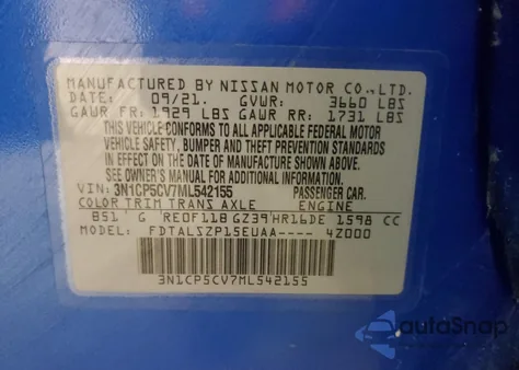 2021 Nissan Kicks Sv z USA, uszkodzony, nr VIN 3N1CP5CV7ML542155